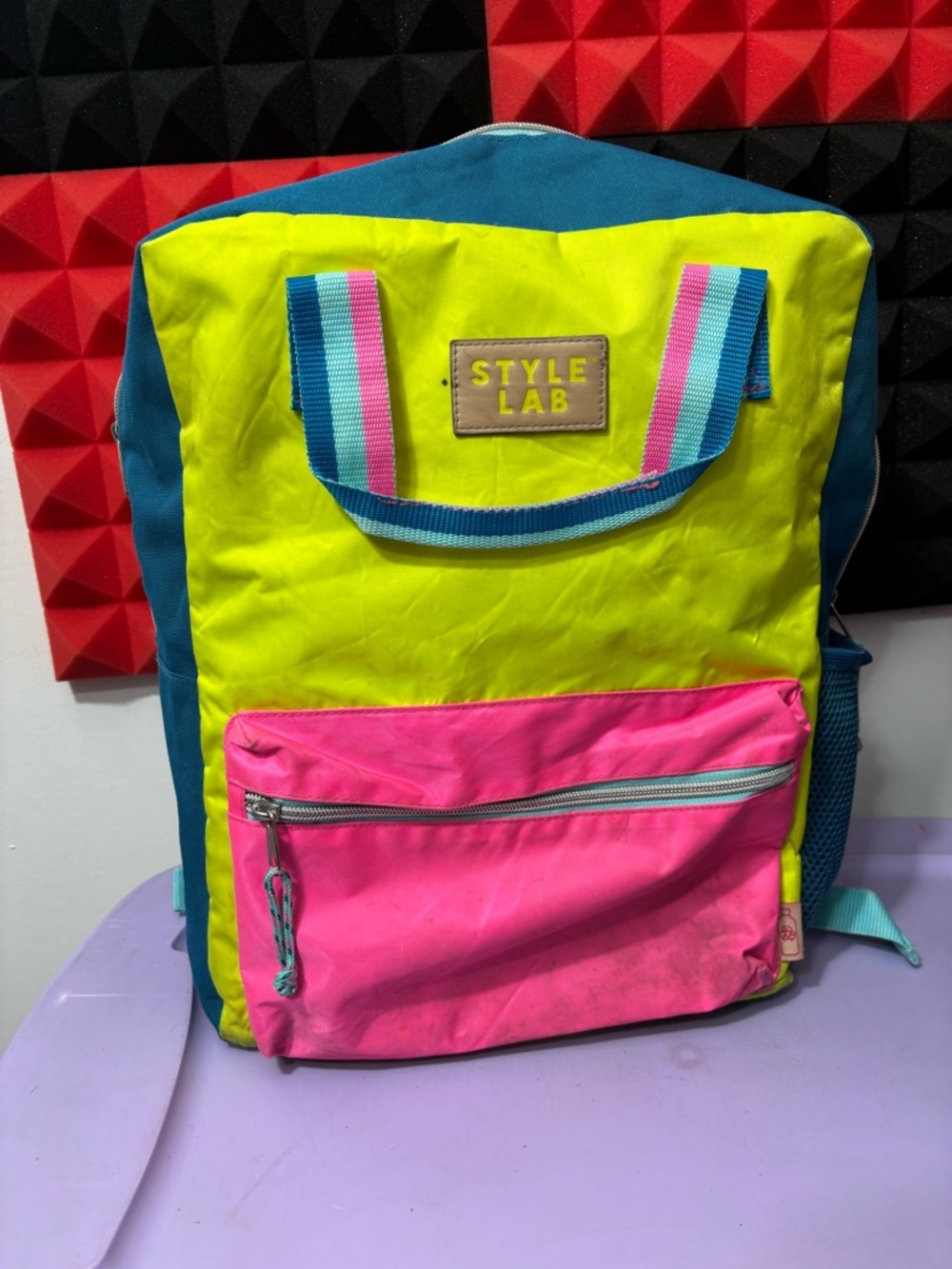 Y2K retro Neon Yellow & Pink Colorblock Backpack no rips few stains